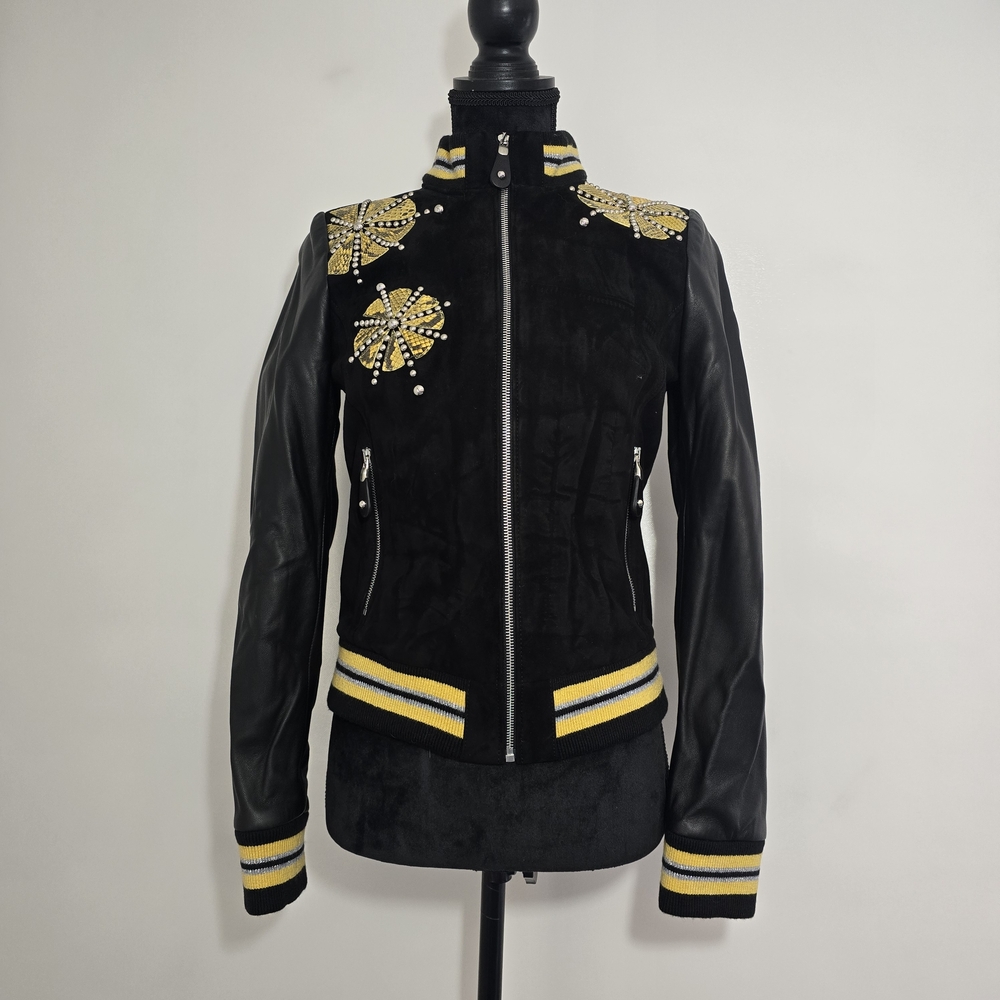 Genuine Italian Leather Varsity Bomber Jacket Womens Small Studded Snake Print